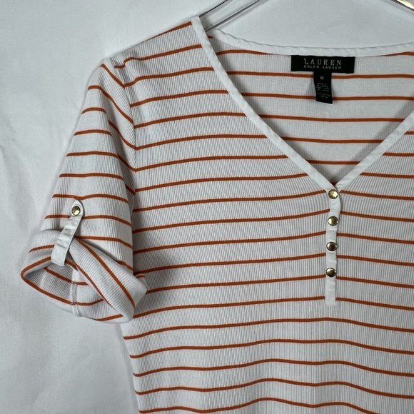 Lauren Ralph Lauren Womens White Orange Stripe Short Sleeve V-Neck Shirt Medium - Picture 7 of 10